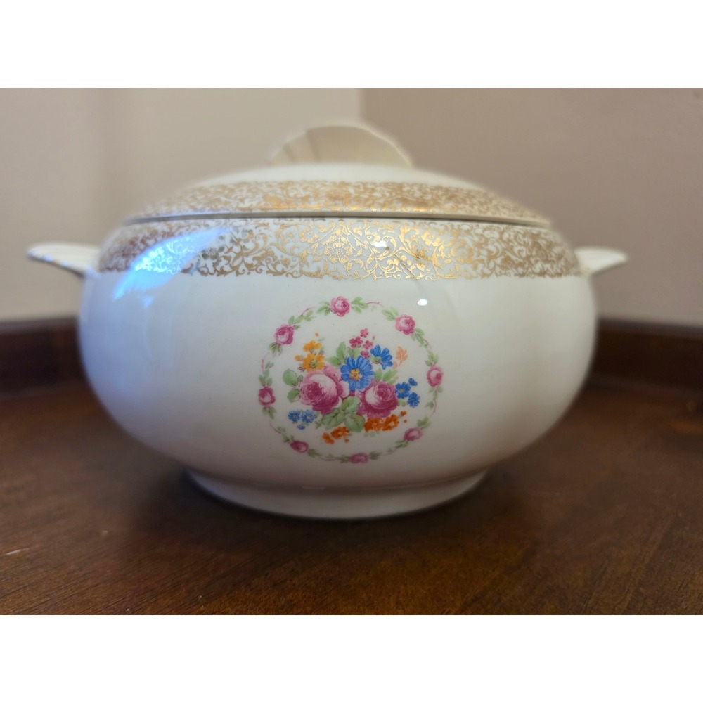 Vintage Paden City Pottery Bak-Serv Lidded Tureen Casserole Dish 22K Gold 1930s